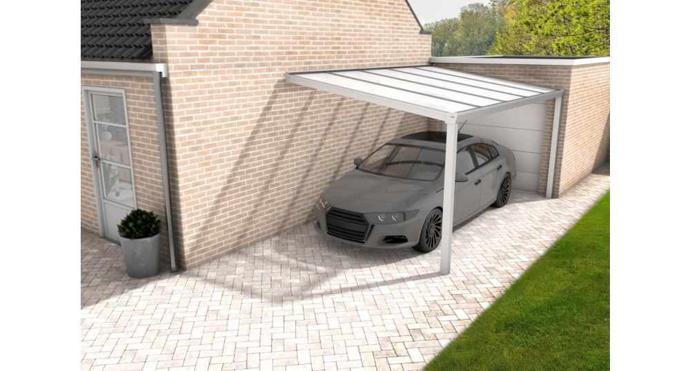 Aluminium aanbouwcarport Velvetline wit (RAL9010) - Polycarbonaat dak - 350x500 cm