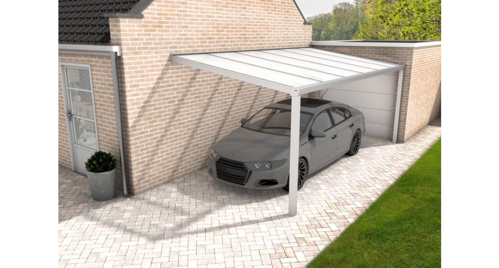 Aluminium aanbouwcarport Velvetline wit (RAL9010) - Polycarbonaat dak - 350x600 cm