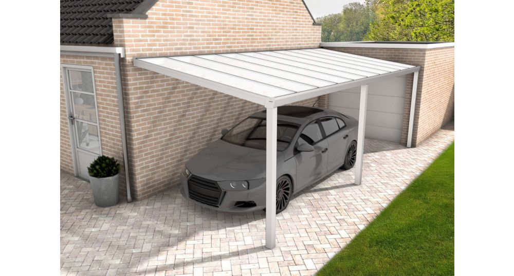 Aluminium aanbouwcarport Velvetline wit (RAL9010) - Polycarbonaat dak - 350x700 cm